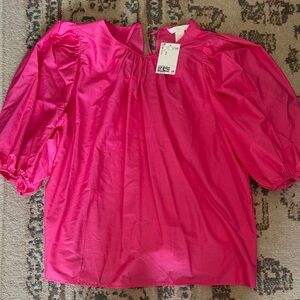 H&M Bright Pink Blouse with Puff Sleeves and Tie up back